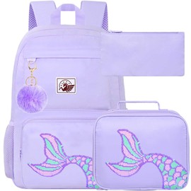 gxtvo 3PCS Girls Backpack, Water Resistant Aesthetic Bookbag with Lunch Box, 18 Inch Cute Anti Theft School Bag Set for College Teenagers Senior Junior Elementary - Purple Memaind