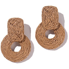 Statement Raffia Boho Dangle Earrings - Handmade Straw Wrap Summer Drop Dangling Earrings for Women (Wheat)