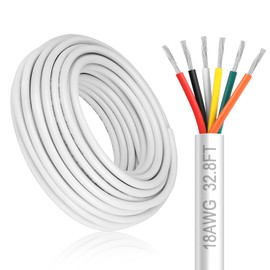 18 Gauge 6 Conductor Electrical Wire, 32.8FT White Stranded Low Voltage 18/6 Cable PVC Case, 18 AWG Tinned Copper 6 Wire Cable Extension Power Cable for Strips LED Lamp Lighting Automotive
