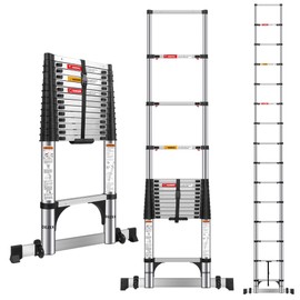 DEZEX Telescoping Ladders 16.5 FT Stainless Steel Extension Ladders - Multi-Button Retraction Collapsible Ladder for Home,RV,Loft, Lasts 375 LBS with Balance Bar,2 Triangle Stabilizers and Wheels