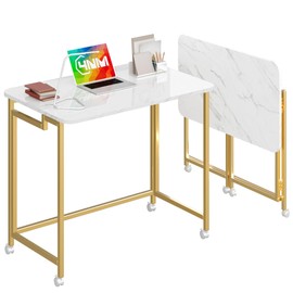 4NM 27.5" Mobile Small Rolling Computer Desk, Folding Laptop Cart Table with Wheels, Portable Office Desk for Small Space Couch Bed - White and Golden
