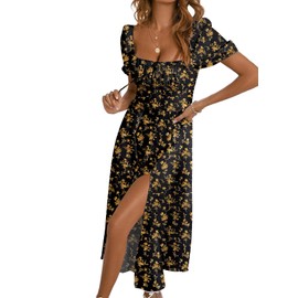 BLENCOT Summer Square Neck Floral Dresses for Womens Short Sleeve Casual Dress Split Thigh Tie Front Boho Maxi Dresses P220Black M