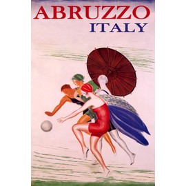 WONDERFULITEMS Abruzzo Italy Summer Beach Happy Women Playing Ball Sun Umbrella Travel 12" x 16" Image Size Vintage Poster repro Canvas Rolled up. We Have Other Sizes