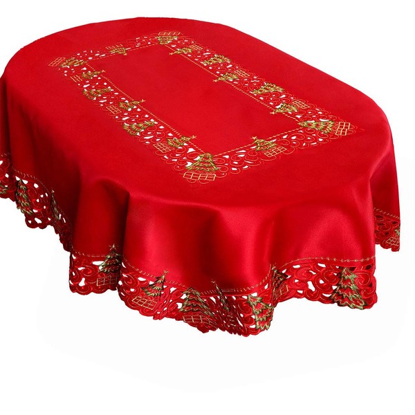 Grelucgo Embroidered Christmas Holiday Holly Tree Tablecloth (57 × 83