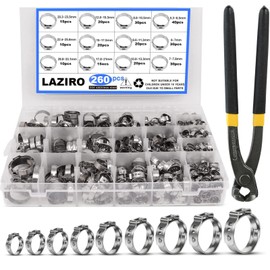 260 PCS 12 Sizes Single Ear Hose Clamps, 5.3-33.1mm 304 Stainless Steel Crimp Hose Clamp Assortment Kit with Ear Clamp Pincer, Cinch Rings Crimp Pinch Tools for Securing Pipe Hoses Automotive Use