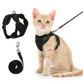 PAWCHIE Cat Harness and Leash Set for Walking,Escape Proof Safe Adjustable Kitten Vest Harnesses,Easy Control Soft Breathable Mesh Jacket with Reflective Strips for Cats,Black,XS (S)