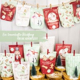 Papierdrachen Advent Calendar to Fill at Home, 24 Red and Mint Printed Gift Bags and 24 Number Stickers and Clips, Nutcracker Motif, for Crafts and Gifting, Christmas