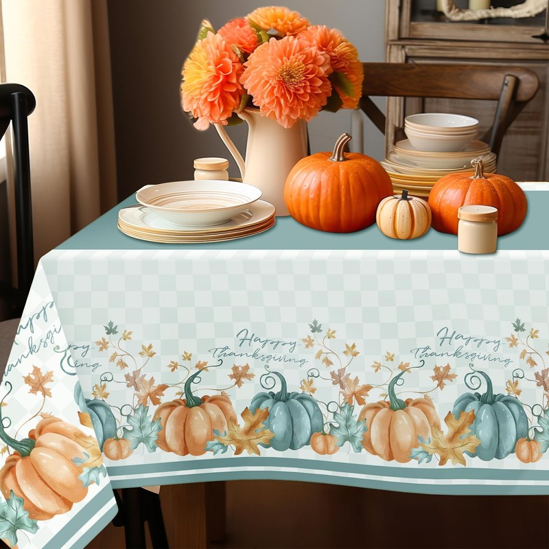 Thanksgiving Disposable Tablecloths,2 Pack Blue Pumpkin Maple Thanksgiving Plastic Table