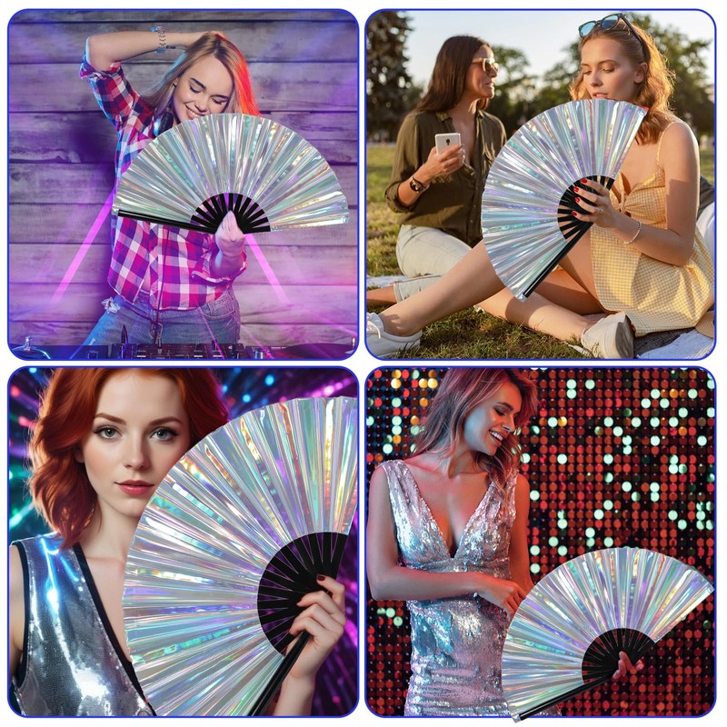 Grevosea Large Folding Hand Rave Fan, 13" Glitter Holographic Rave