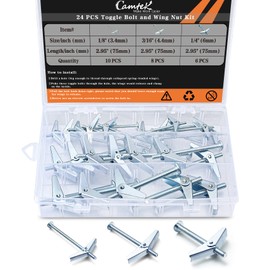 24PCS Toggle Bolt and Wing Nut Set, Camtek Toggle Bolt Zinc Plated Steel Phillips Round Head Toggle Bolt and Wing Nut Assortment Kit for Hanging Heavy Items on Drywall -3 Sizes(1/8'', 3/16'', 1/4'')