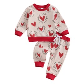 FYBITBO Baby Girl Fall Winter Clothes Heart Print Long Sleeve Sweatshirt Pullover Pants Set Baby Girl Valentines Day Outfit (Red Hearts, 2-3 Years)