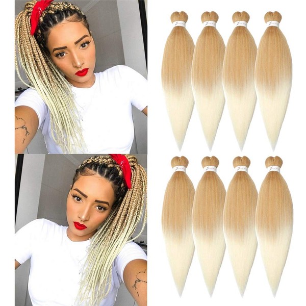 8 Packs Pre Stretched Braiding Hair, 24 Inch Braiding Hair Pre Stretched Yaki Texture, Hot Water Setting, Easy To Install Professional Synthetic Ombre Braiding Hair(24in,#27/613)