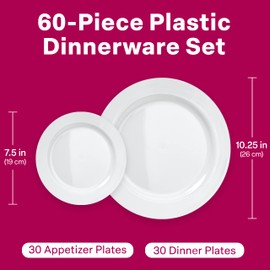 60 White Plastic Plates Disposable, Heavy Duty for Party - 30 Dinner Plates 10.25" + 30 Salad Dessert Appetizer Plates 7.5", Premium Hard Party Plate Elegant Wedding Holidays Parties