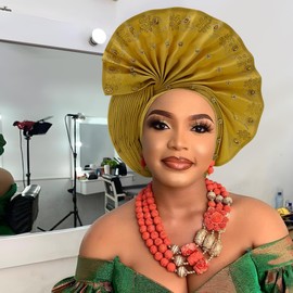 Nigerian beaded headwear Exquisite handmade African fan-shaped women's headscarf,suitable for weddings and special occasions (Gold)