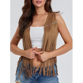 Yoisdtxc Women's Fringe Vest Cowgirls Sleeveless Tassel Jacket Western Faux Suede 70s Hippie Cardigan, A-Kaki, XXL, A-kaki