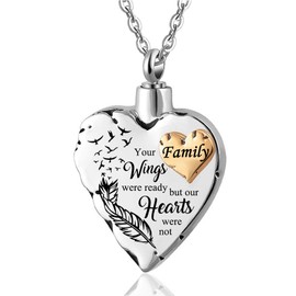 JMQJewelry Family Cremation Urn Necklace Heart Wings for Ashes Heart Memorial Pendant Necklace for Women Men Keepsake Friend