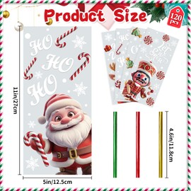 SULOLI 120 Pcs Christmas Cellophane Bags, Xmas Candy Bags Clear Cellophane Treat Bags with 150 Twist Ties for Christmas Party Supply