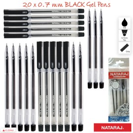 NATARAJ - 20 Gelix Gel BLACK Pens 0.7mm Fine Tip Waterproof Ink Office School