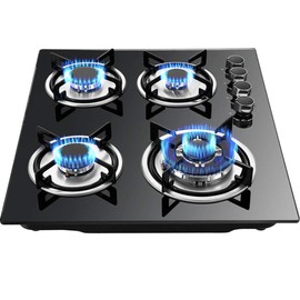 KELIBI Gas Cook Tops, Built-In Gas Cooktop 4-Burners Stove Top, Tempered Glass Panel Kitchen Cooking Stove, NG/LPG Convertible Cook Tops w/Anti-Scald Knob, Easy Clean Countertop Burner For Apartments