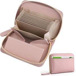 COCA-DG Mini Wallet, Stores Bills Without Folding Bills, Compact, Bifold Large Capacity, Card Case, Box-shaped Coin Purse, YKK Zipper, Genuine Leather, Women's, Men's, Greige, PINK
