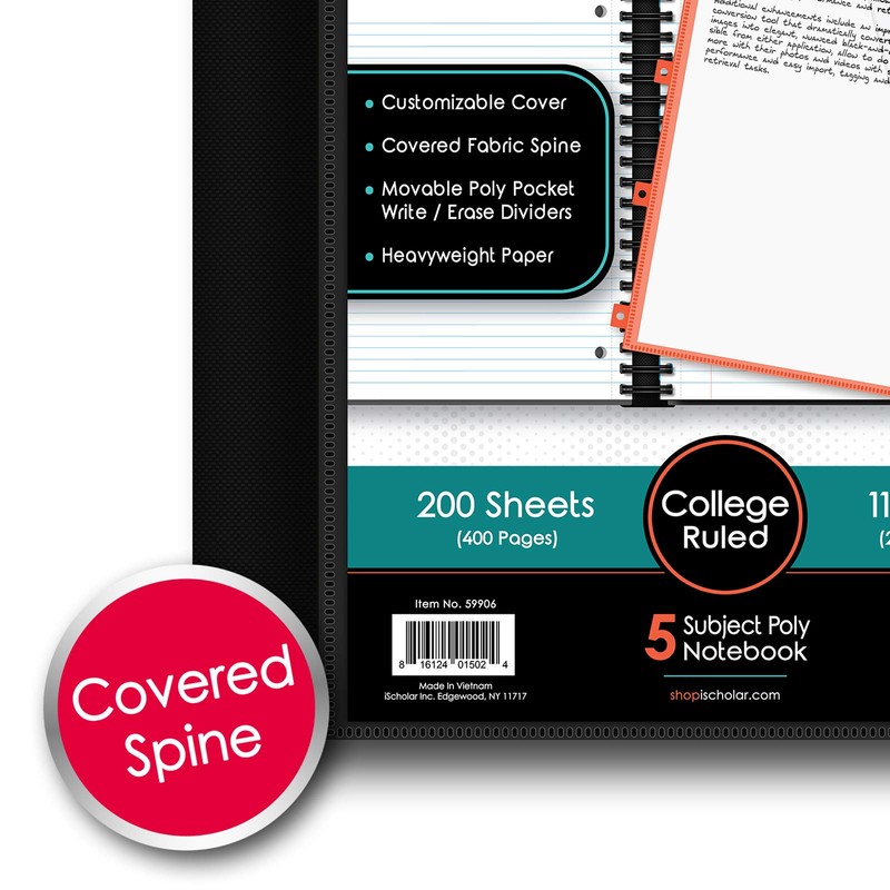 iScholar iQ 5-Subject Poly Cover Wirebound Notebook, College Ruled, 11