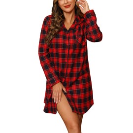 ENJOYNIGHT Women's Sleep Shirt Flannel Print Pajama Top Button-Front Nightshirt(X-Large, Navy Red)