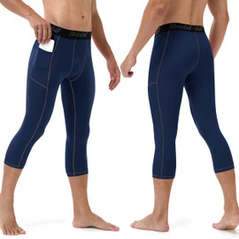 Runhit Compression Leggings for Men 3/4 Athletic Workout Running Tights Breathable Capri Base Layer for Basketball Gym with Pockets Navy Blue 3XL