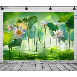 CORFOTO 5x3ft Fabric Summer Lotus Flower Backdrop Green Lotus Leaves Pond Background for Birthday Party Baby Shower Decorations Photoshoot Studio Props