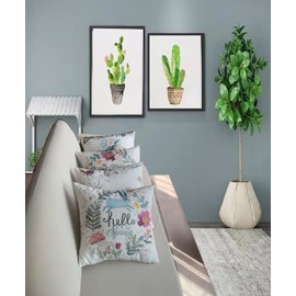 GINFNWA Set of 4 Farmhouse Flower Spring Throw Pillow Covers with Birds Butterfly and Rabbits 18X18 in Blue Stripe Linen Cushion Cases for Car Living Room Sofa Home Easter Decor