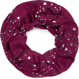 styleBREAKER 01016118 Women's Loop Scarf with Glittering Metallic Stars All Over Print Pattern, Lightweight Tube Scarf, Plain, bordeaux red
