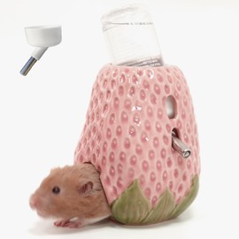 Hamster Water Bottle, Strawberry Ceramic Hamster Water Bottle for Glass Tank, 80ML Water Bottle Holder with 2 No Drip Caps for Syrian Dwarf Hamster Mice Gerbil
