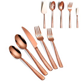 45-Piece Silverware Set with Serving Utensils Set, Rose Gold Hammered Stainless Steel Flatware for 8, Food-Grade Tableware, Including Fork, Knife, Spoon Set, Home Kitchen Cutlery, Dishwasher Safe
