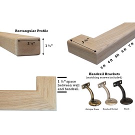 Modern Red Oak Handrail Kit with Wall Returns and Wall Mount Brackets. Rectangular 6002 Profile. Solid and Unfinished Red Oak. (Brush Nickel)