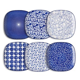 Selamica Porcelain Square Dessert Salad Pasta Steak Plates 10 inches ceramic plates set of 6 microwave/dishwasher/oven safe, Vintage Blue