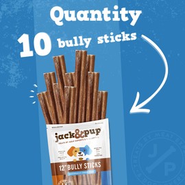 Jack&Pup 12 Inch Bully Sticks for Large Dogs | Thick Odor Free Bully Sticks for All Dogs | All Natural Long Lasting Dog Chews (Thick - 12 Inch, 10 Pack)