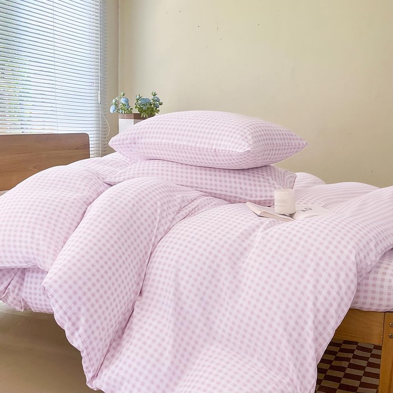 NSNLGSGC Pink Gingham Duvet Cover Set King, Grid Simple Geometric