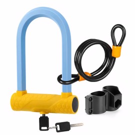 Bike U Lock with Security Steel Cable,Blue Lock Shackle and Mount Holder,Anti Theft Bicycle Secure Locks,17mm Thick Shackle Alloy Steel U Lock for Bike,E-bike,Escooter,Motorcycle(Color:Blue)