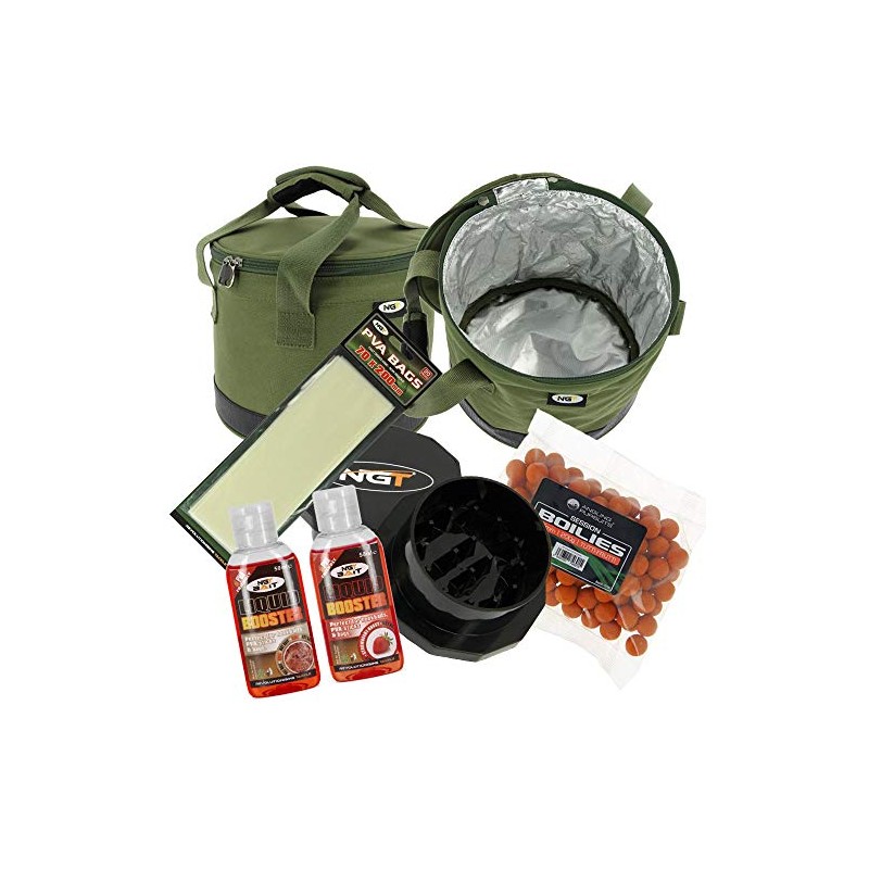 NGT Insulated Bait Bin Boilies with Crusher Liquids and PVA