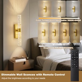 Weaboopre Gold Battery Operated Wall Sconce with Remote, Dimmable Crystal Sconces Wall Decor Set of 2, Wireless Rechargeable Wall Lights for Living Room, Bedroom, Hallway