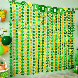 LOLStar 2-Pack St. Patrick's Day Tinsel Curtains, Green and Gold Shamrock, 3.3 x 6.6 ft, Photo Booth Props Backdrop, Stage Decorations, Irish Party Decorations