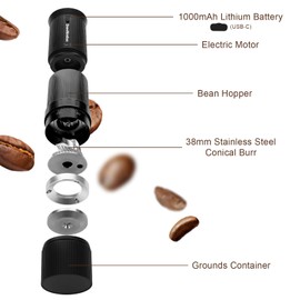 Portable Electric Coffee Grinder – Rechargeable Coffee Bean Grinder with Stainless Steel Conical Burr for Travel, Camping – External Adjustable Settings for Espresso, Pour Over & French Press