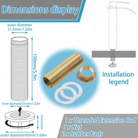 Brateuanoii Tap Repair Kit, Tap Extended High M32 x 10 cm, Tap Extension with Threaded Pipe, Copper Nut + 10 cm Extension Rod with Copper Thread, 2 Rubber Seals