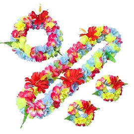Layseri Hawaiian Luau Flower Leis Jumbo Necklace Bracelets Headband Set Mahalo Floral Leis (Pink,Blue and Yellow)