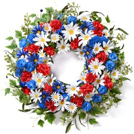 Waipfaru 4th of July Wreath 22 Inch, Patriotic Wreath for Front Door, Fourth of July Red White and Blue Wreaths American Independence Day Memorial Day Flag Day Wreaths Indoor Outdoor Decor