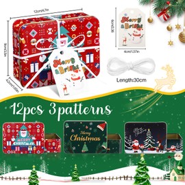 Pelopy 12 Pcs Christmas Candy Tins with Lids, Small Christmas Cookie Metal Boxes for Gift Square Tinplate Xmas Tins with Ribbons and Tags Holiday Treat Container for Xmas Party Favor Supplies