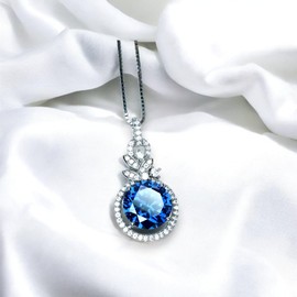 3.8 CT Blue Sapphire Necklace - 18KGP Sterling Silver - Diamond Flower Petal - September Birthstone - Luxury Unique Design Sapphire Pendant 16" ~20" adjustable chain #580