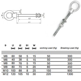 M6 x 60mm Lifting Long Eye Bolt Longshank with Full Nuts and Washer Stainless Steel Marine Grade (Pack of 2)