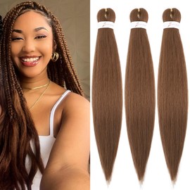 20 Inch Braiding Hair Pre Stretched Light Brown Braiding Hair 3 Packs Kanekalon Braiding Hair Professional Synthetic Braid Hair Pre Stretched Braiding Hair(20 Inch, 30#)