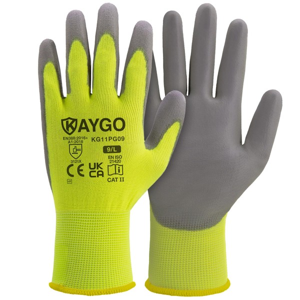 KAYGO Work Gloves PU Coated-12 Pairs, KG11PG, Safety Working Gloves