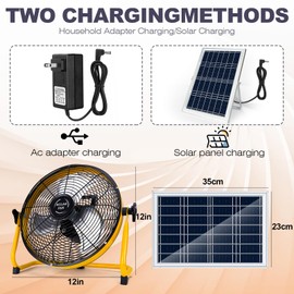 TonyEst 12 Inch Solar Fan, 15000mAh Rechargeable Floor Fan, Portable Solar Powered Fans Camping with USB Charging Port, Metal Sturdy Cordless Fan for Home, Outdoor, Travel, Patio, Car, Worksite